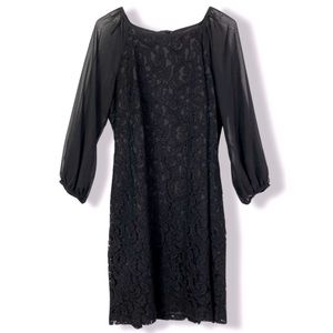 Adrianna Papell Dress Black Cotton Lace Body Chiffon Sleeves Wide Wide Neck, EUC